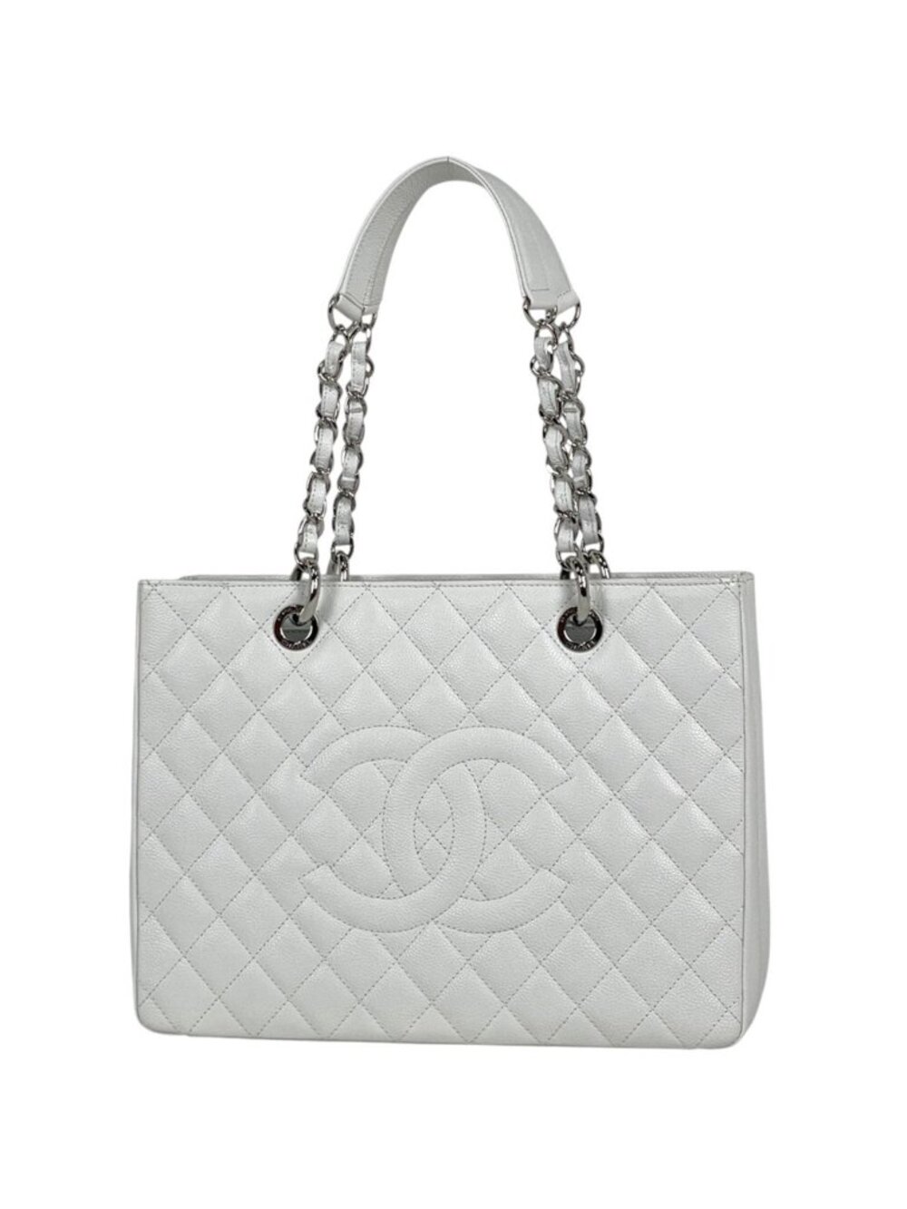 Chanel Tote CC Logo Quilted Caviar Leather White